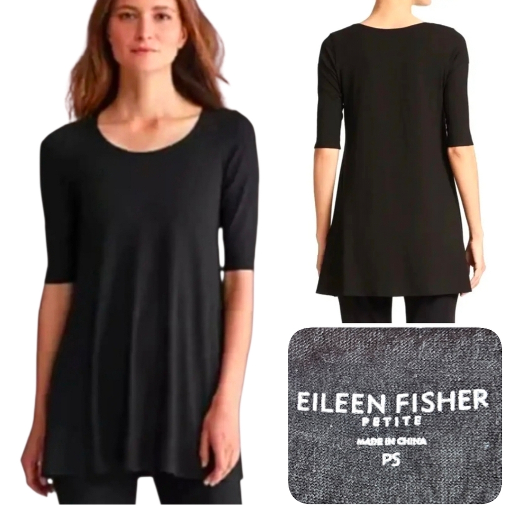 Eileen Fisher Elegant Black Linen Ballet Neckline Dress Small Petite
